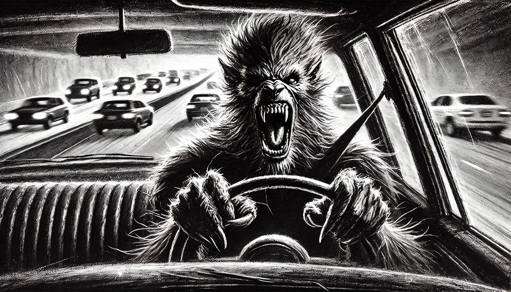 A black and white, gritty, charcoal-style depiction of a driver mid-transformation into a werewolf, seen from the perspective of the passenger seat. The werewolf’s face contorts, fangs emerge, fur sprouts, and claws grip the steering wheel tightly. The freeway outside is shown correctly from the side, with cars traveling in the same direction as the werewolf’s vehicle, their headlights and taillights forming streaks of motion. The mood is dark and intense, with expressive brushstrokes capturing the raw, chaotic energy of the transformation.